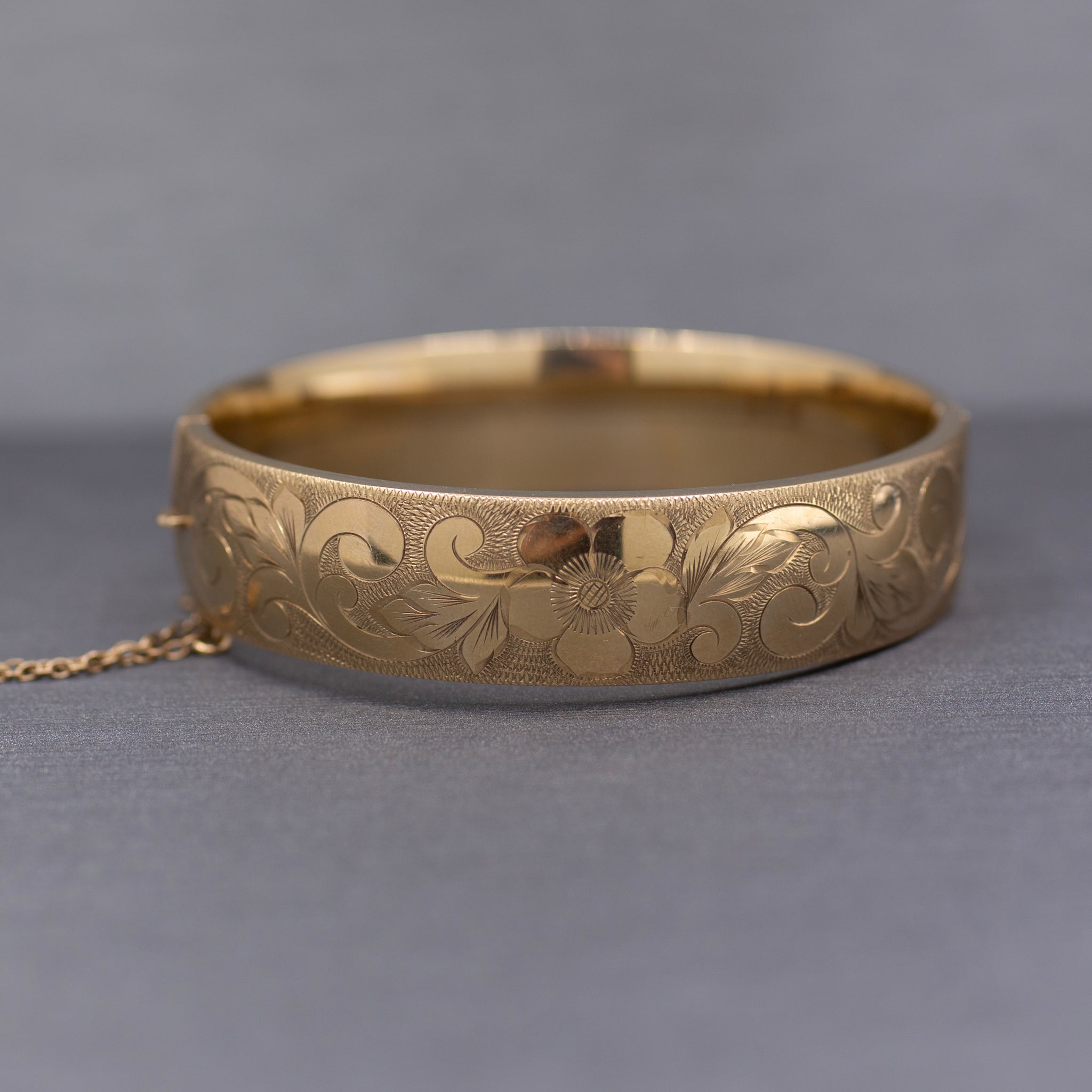 Vintage Floral Engraved Wide Bangle Bracelet in 9k Yellow Gold