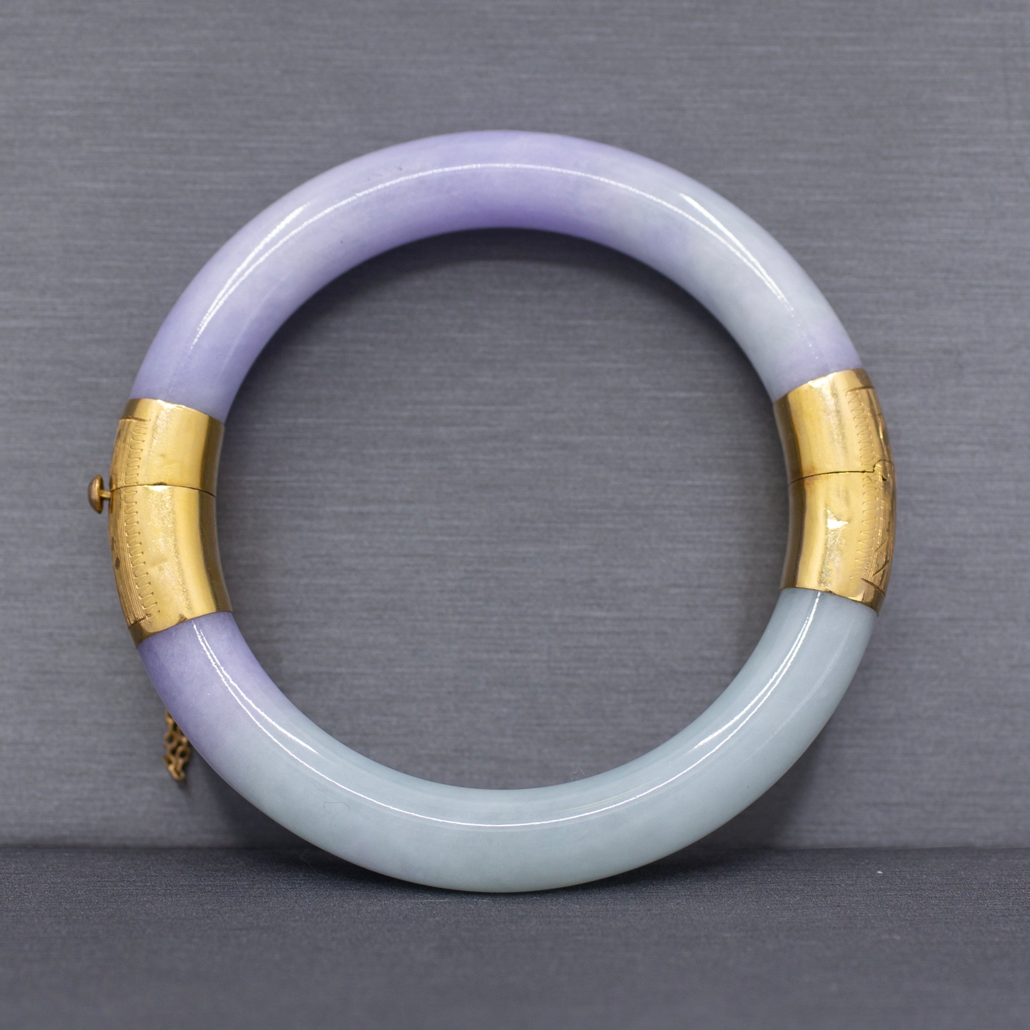 Vibrant Type A Jadeite Jade Lavender and Green Bangle Bracelet in 14k Yellow Gold