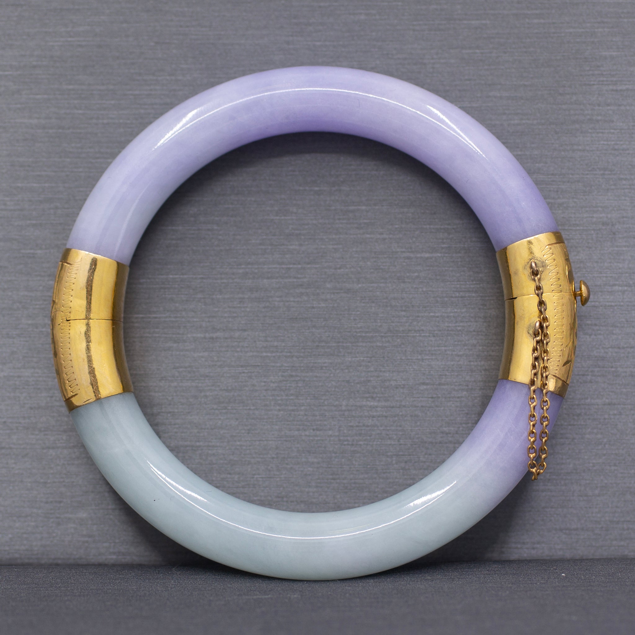 Vibrant Type A Jadeite Jade Lavender and Green Bangle Bracelet in 14k Yellow Gold