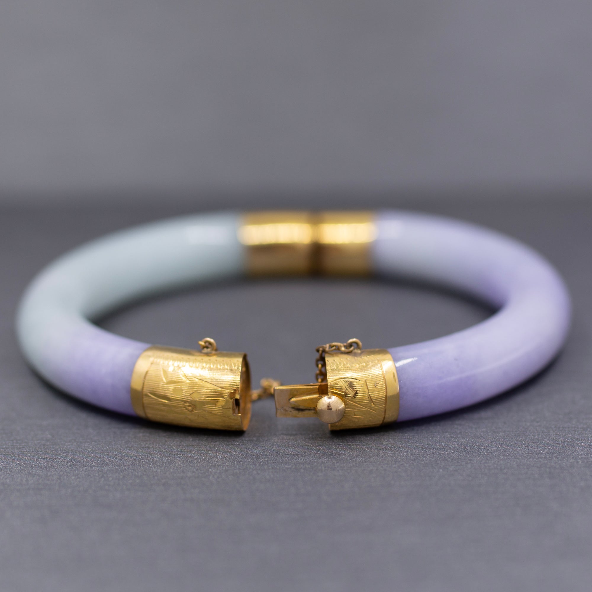 Vibrant Type A Jadeite Jade Lavender and Green Bangle Bracelet in 14k Yellow Gold