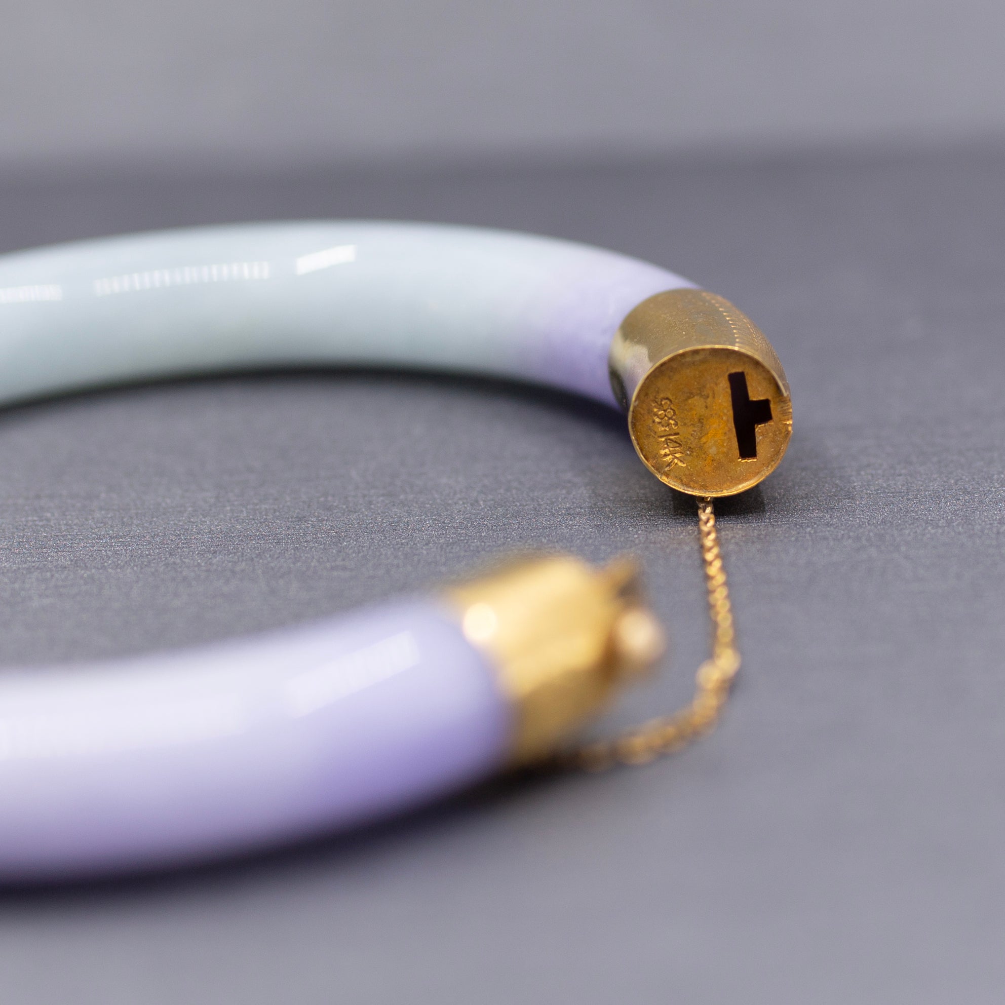 Vibrant Type A Jadeite Jade Lavender and Green Bangle Bracelet in 14k Yellow Gold