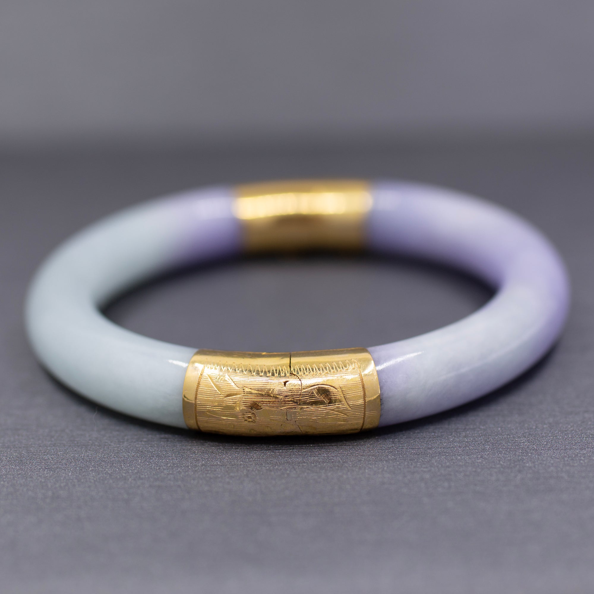 Vibrant Type A Jadeite Jade Lavender and Green Bangle Bracelet in 14k Yellow Gold