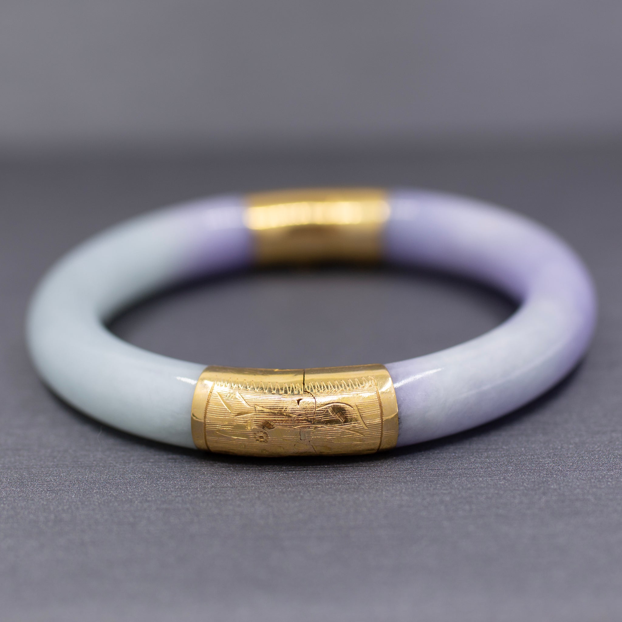 Vibrant Type A Jadeite Jade Lavender and Green Bangle Bracelet in 14k Yellow Gold