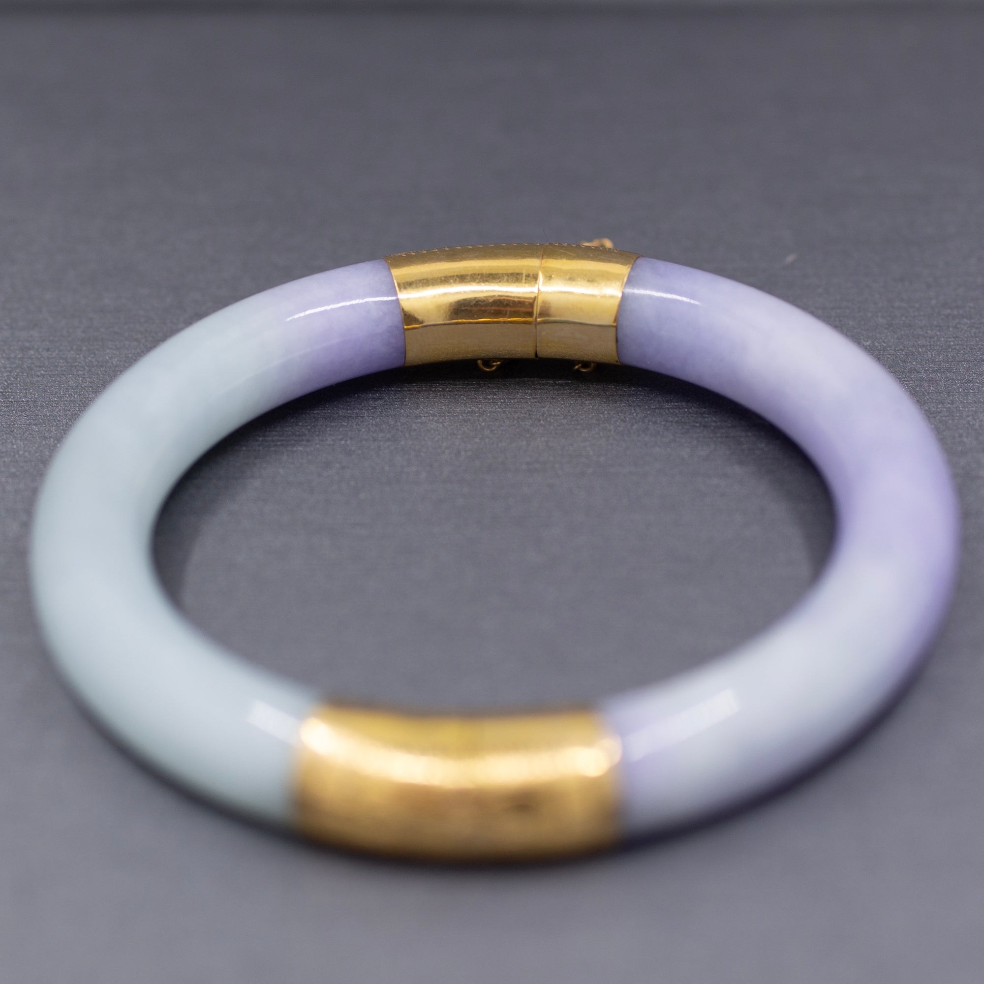 Vibrant Type A Jadeite Jade Lavender and Green Bangle Bracelet in 14k Yellow Gold