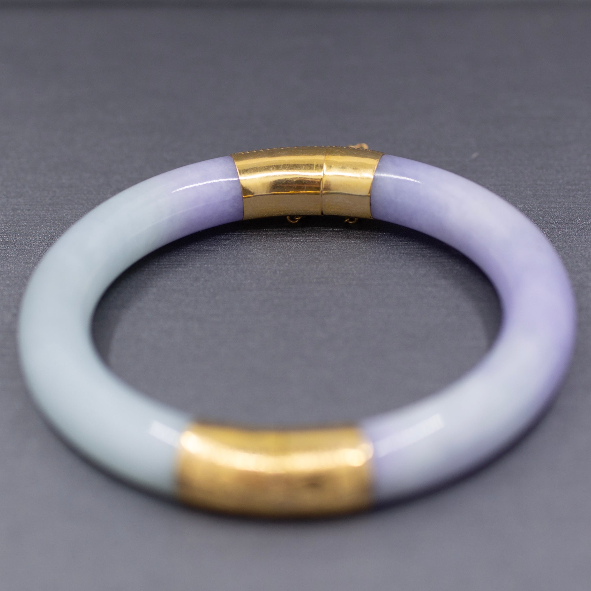 Vibrant Type A Jadeite Jade Lavender and Green Bangle Bracelet in 14k Yellow Gold