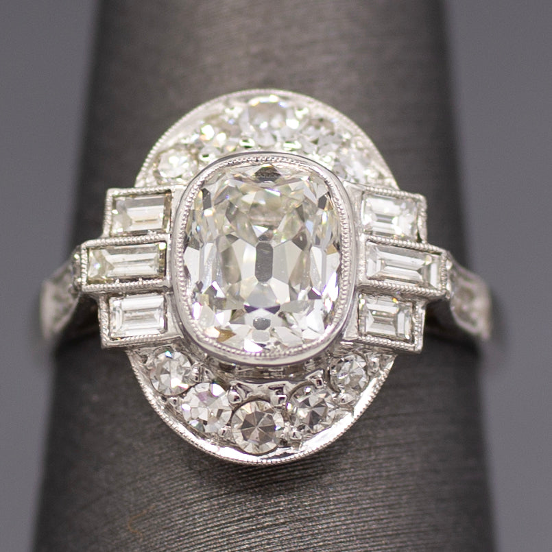 Elongated Cushion Old Mine GIA Certified Diamond Art Deco Ring in Platinum