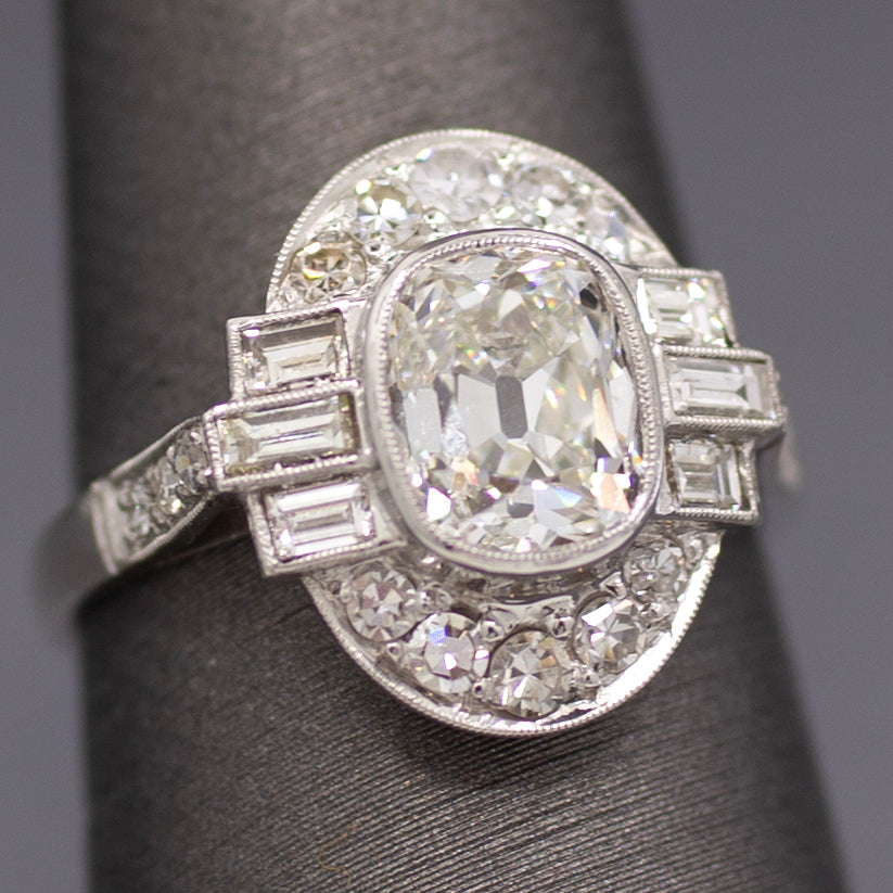 Elongated Cushion Old Mine GIA Certified Diamond Art Deco Ring in Platinum