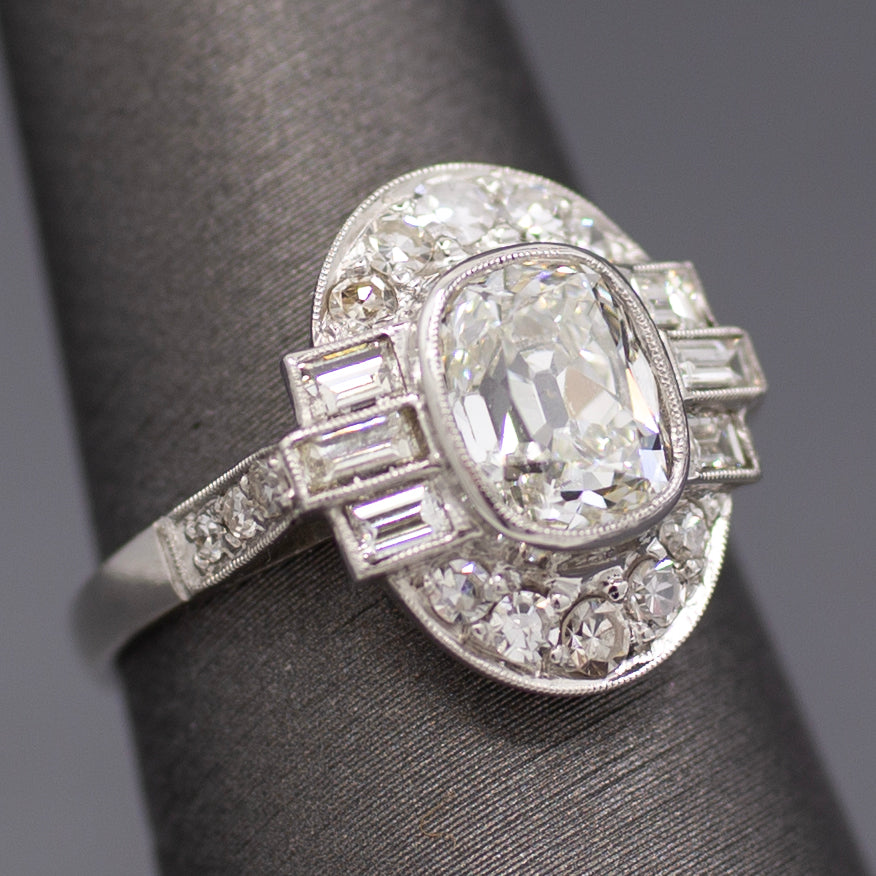 Elongated Cushion Old Mine GIA Certified Diamond Art Deco Ring in Platinum
