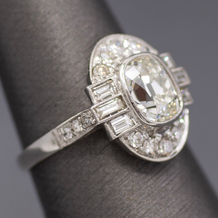 Elongated Cushion Old Mine GIA Certified Diamond Art Deco Ring in Platinum