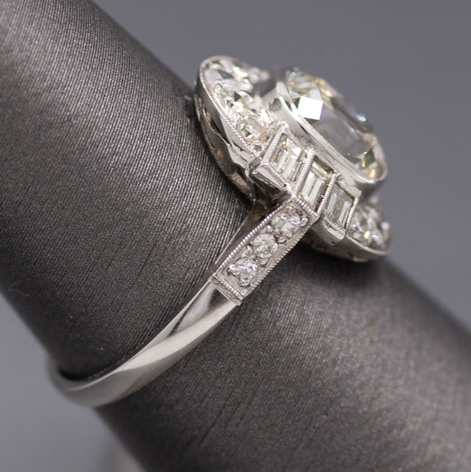 Elongated Cushion Old Mine GIA Certified Diamond Art Deco Ring in Platinum