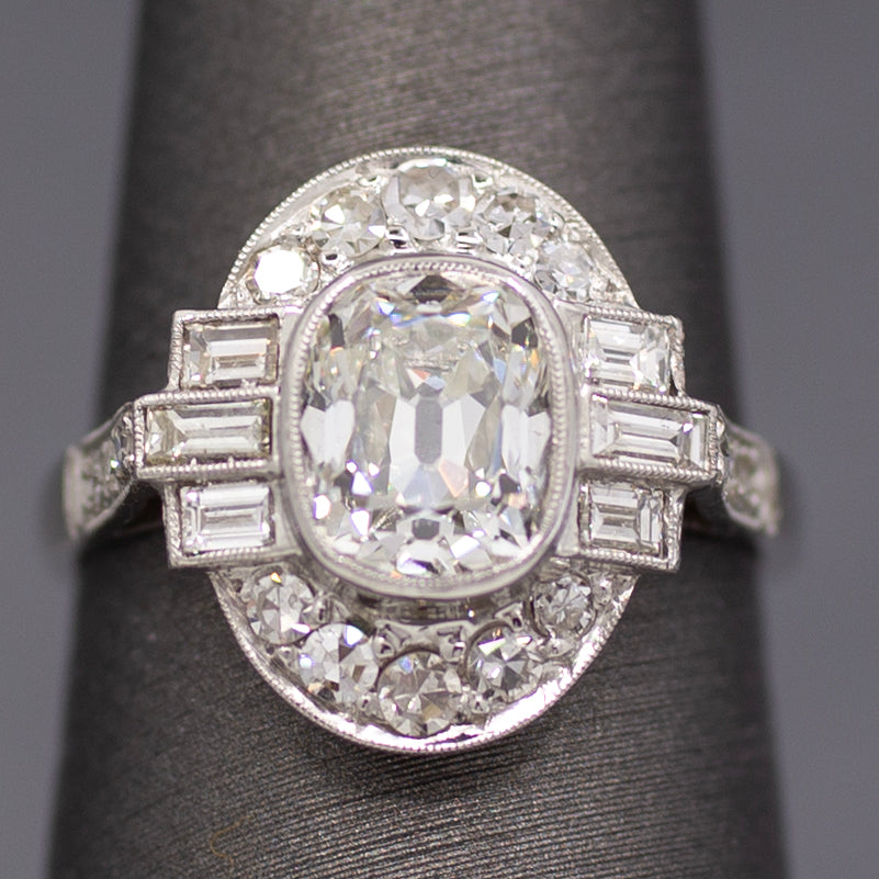 Elongated Cushion Old Mine GIA Certified Diamond Art Deco Ring in Platinum