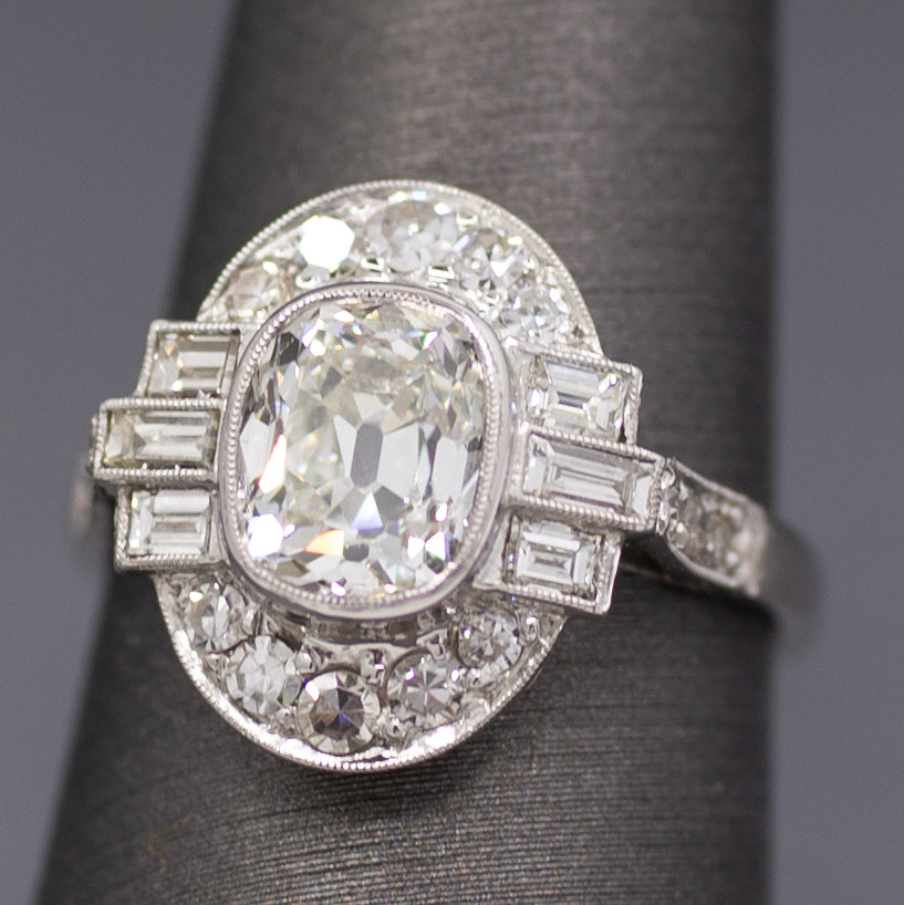 Elongated Cushion Old Mine GIA Certified Diamond Art Deco Ring in Platinum