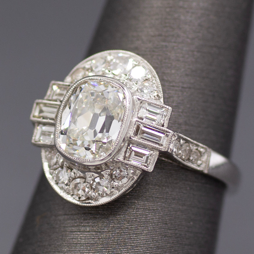 Elongated Cushion Old Mine GIA Certified Diamond Art Deco Ring in Platinum