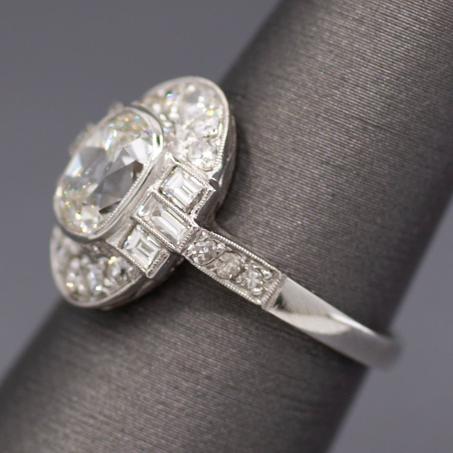 Elongated Cushion Old Mine GIA Certified Diamond Art Deco Ring in Platinum