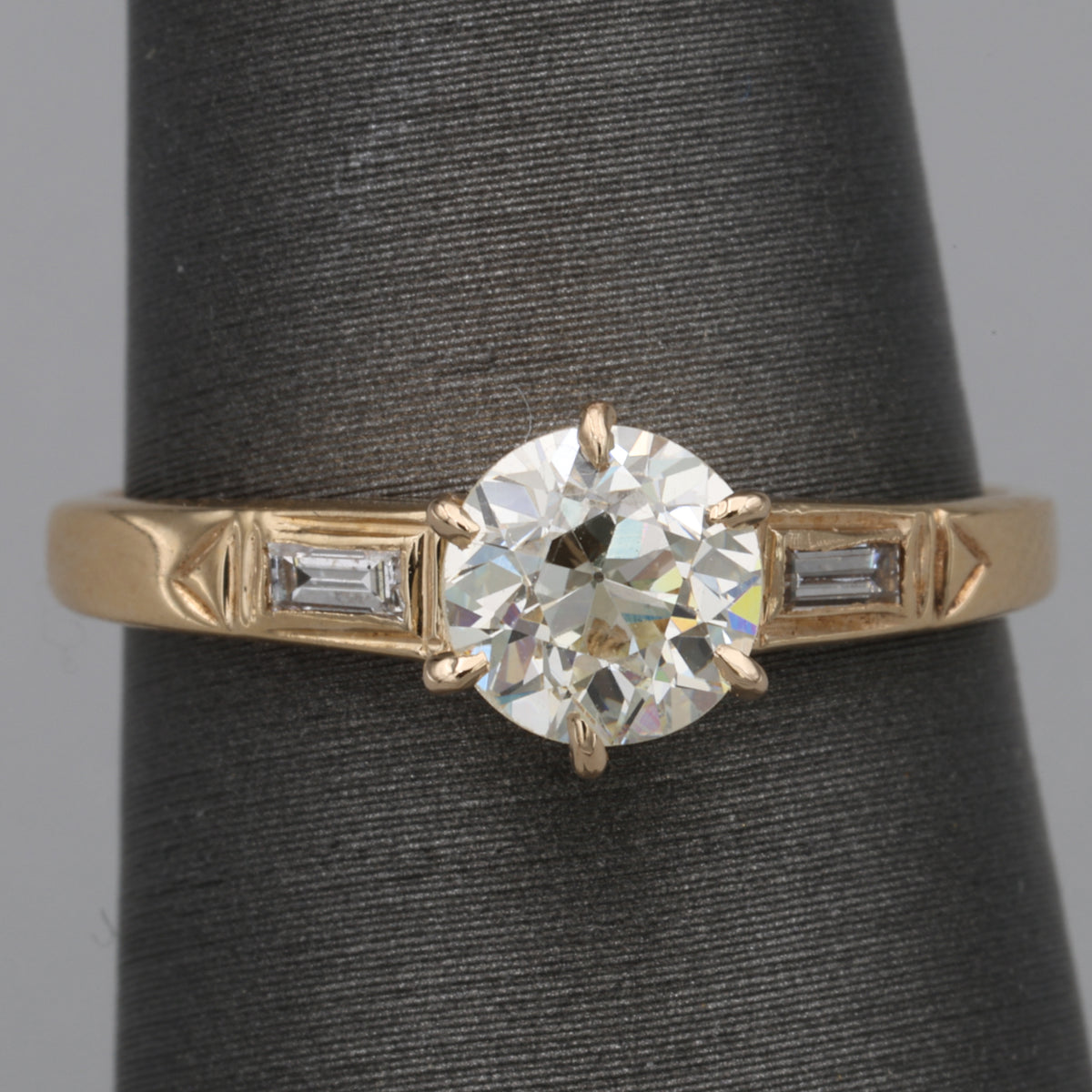 Late Art Deco Old European Cut Diamond Low Profile Engagement Ring in 14k Yellow Gold