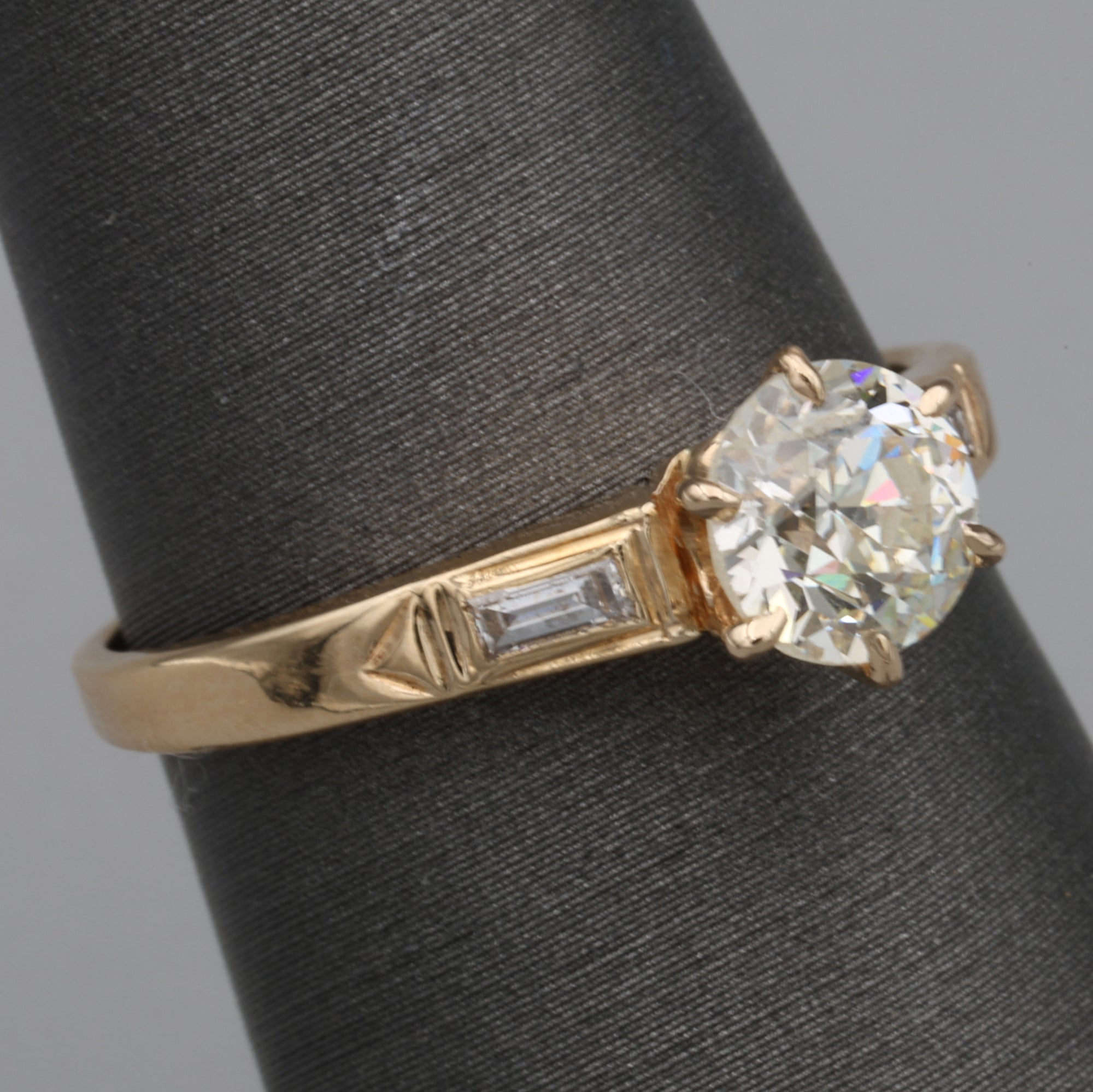 Late Art Deco Old European Cut Diamond Low Profile Engagement Ring in 14k Yellow Gold