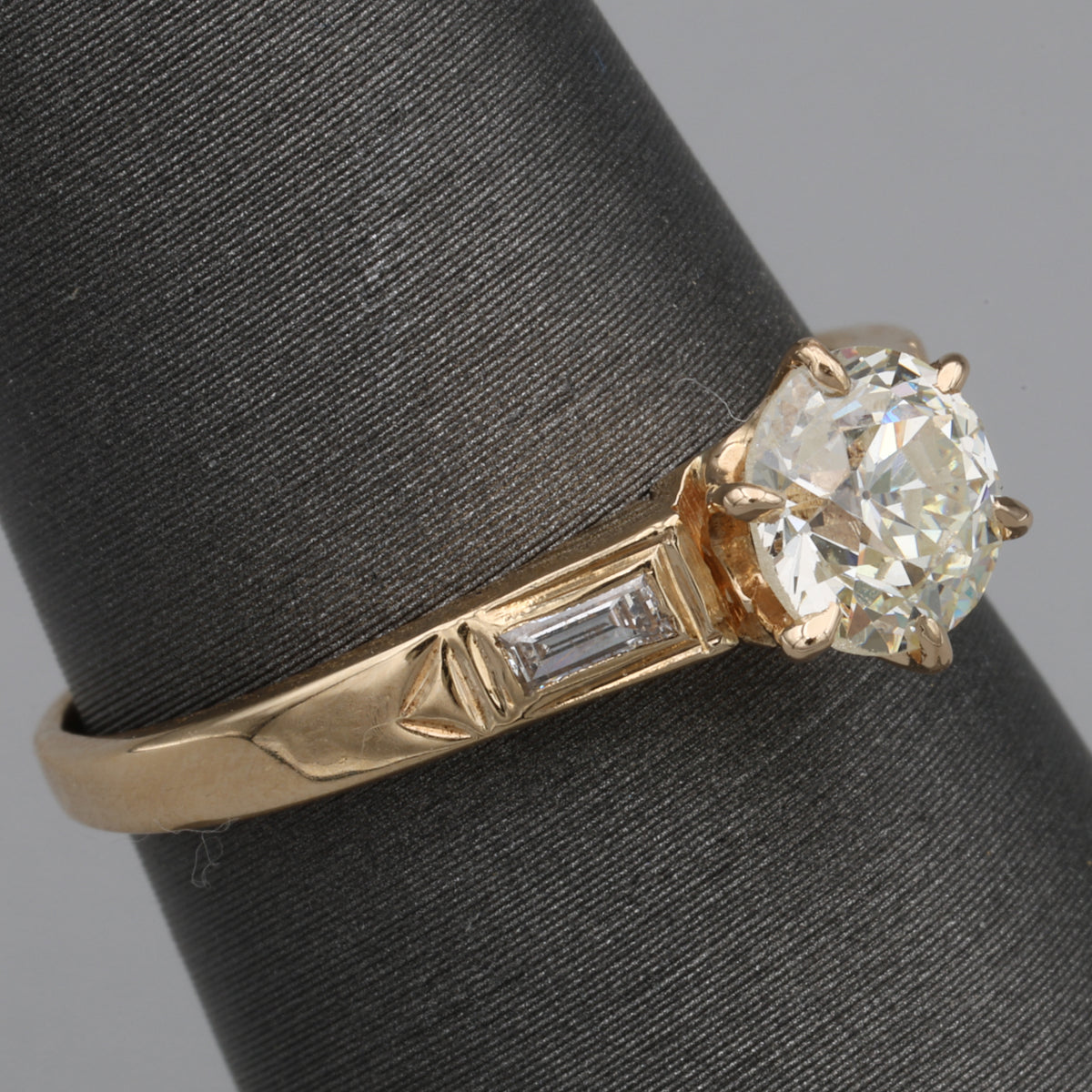 Late Art Deco Old European Cut Diamond Low Profile Engagement Ring in 14k Yellow Gold