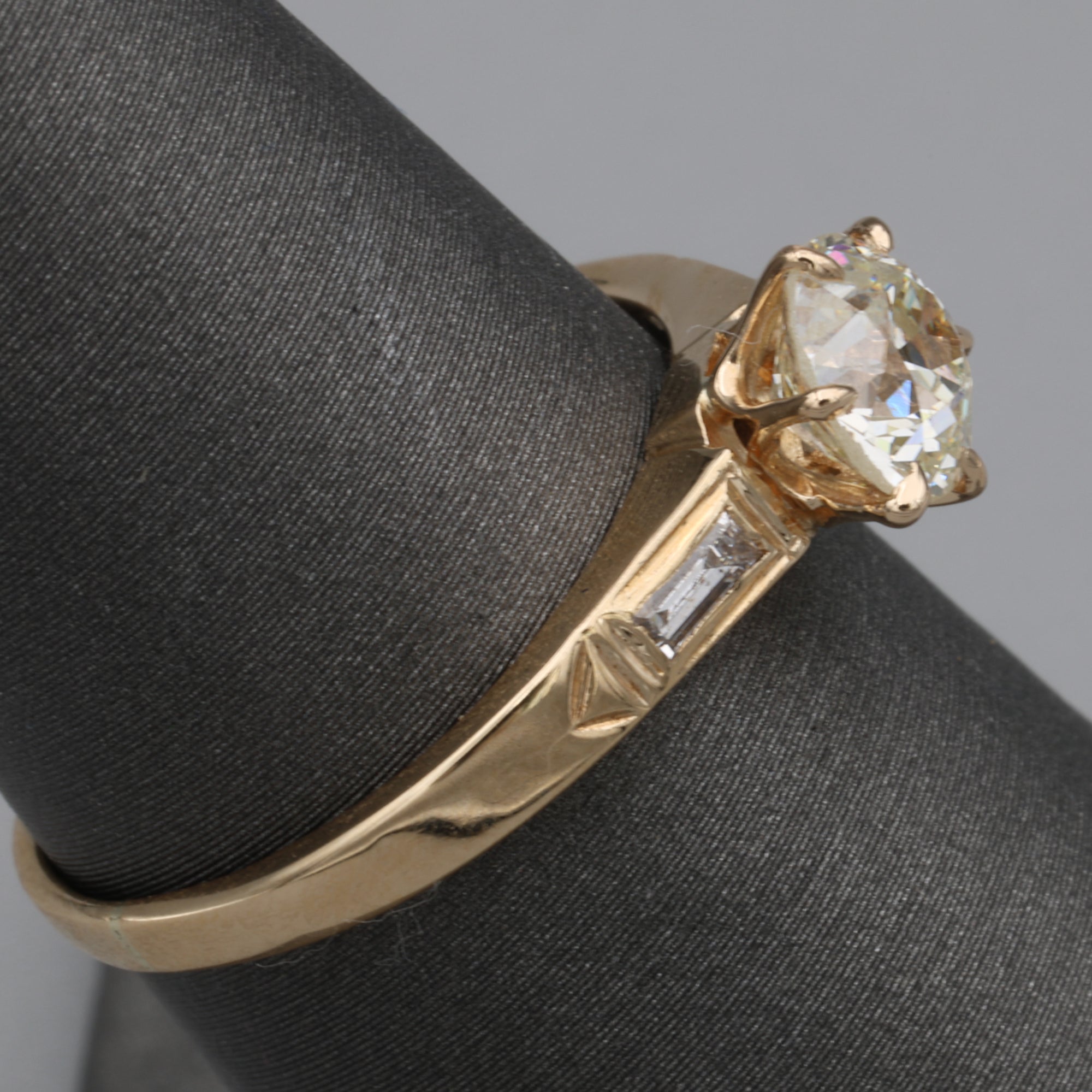 Late Art Deco Old European Cut Diamond Low Profile Engagement Ring in 14k Yellow Gold