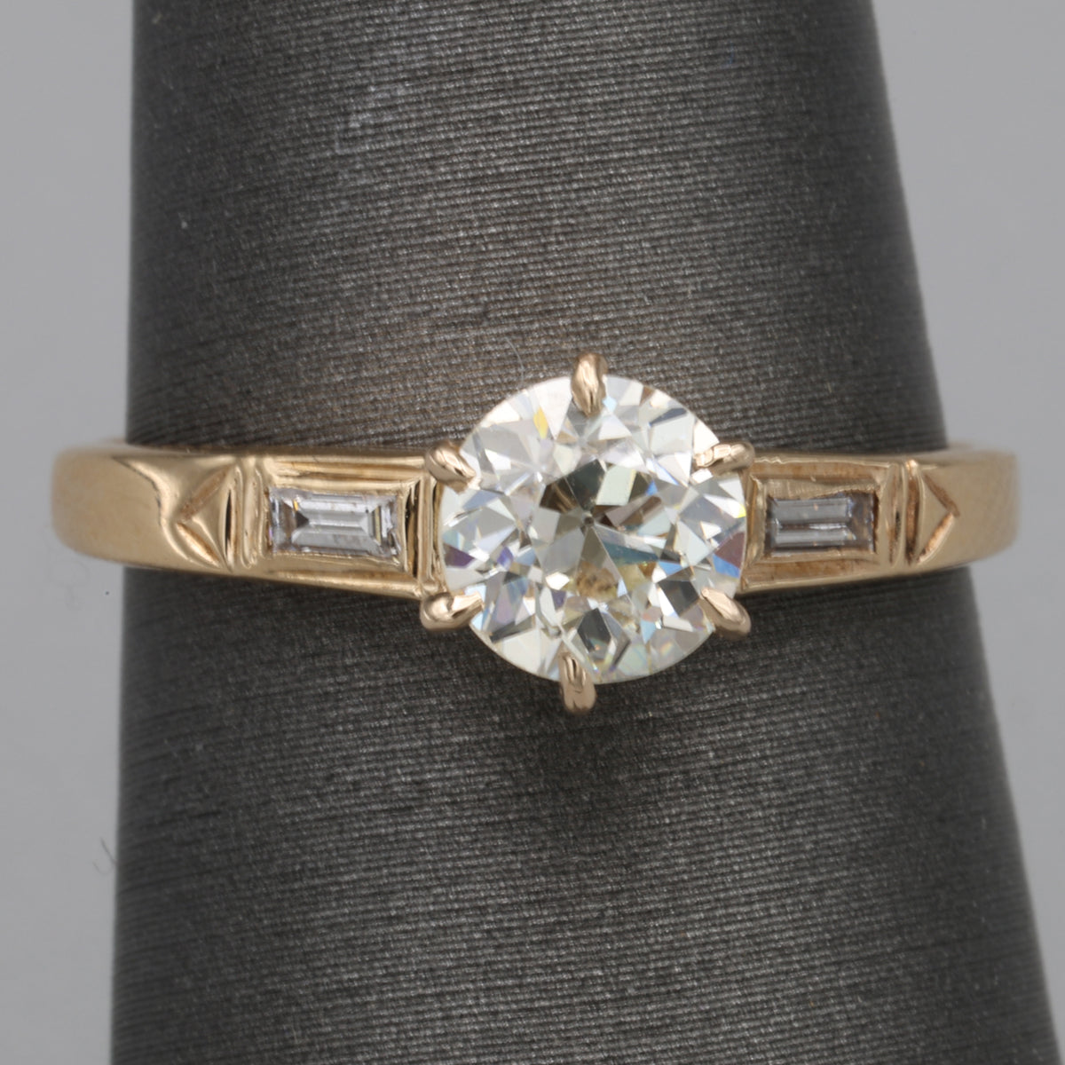 Late Art Deco Old European Cut Diamond Low Profile Engagement Ring in 14k Yellow Gold