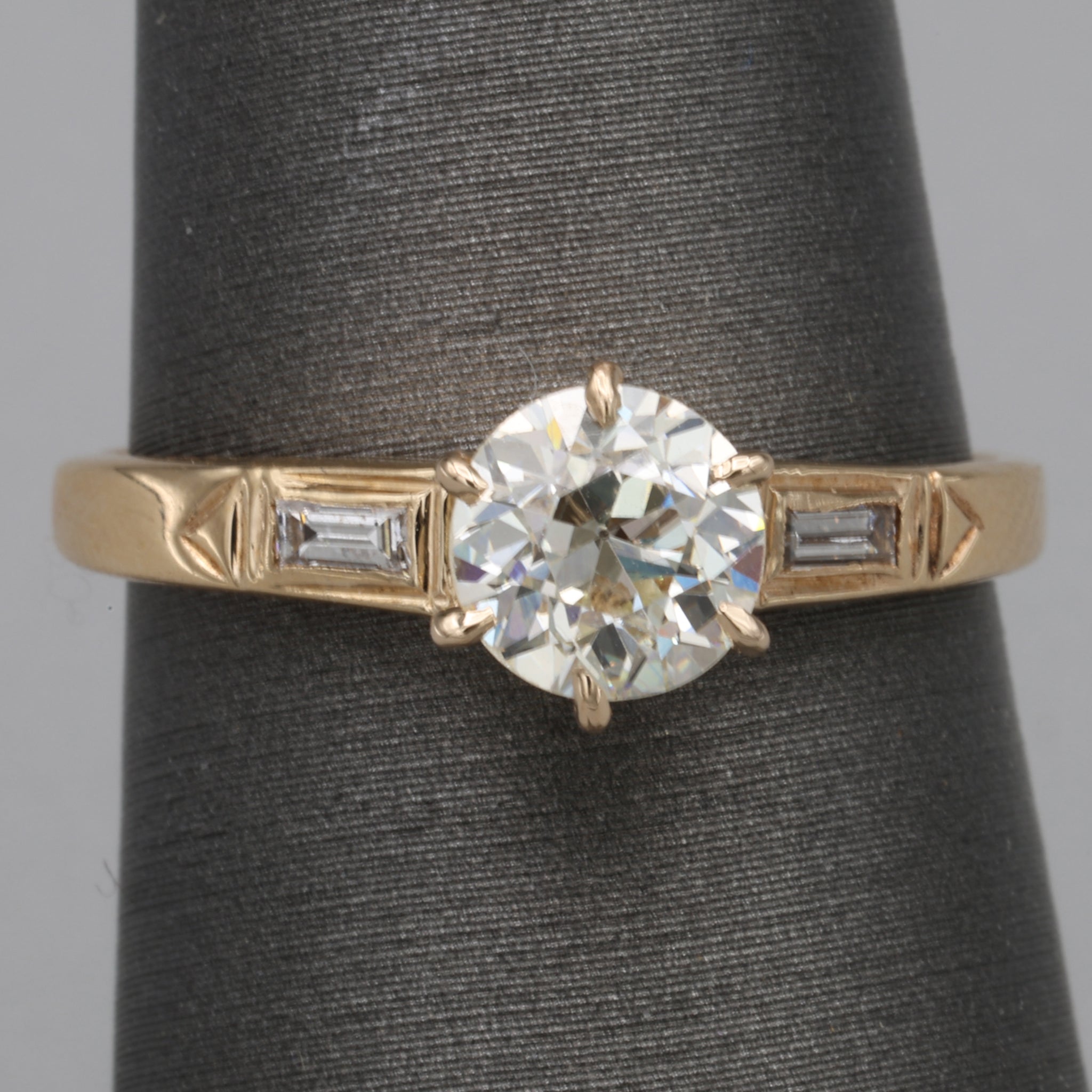 Late Art Deco Old European Cut Diamond Low Profile Engagement Ring in 14k Yellow Gold