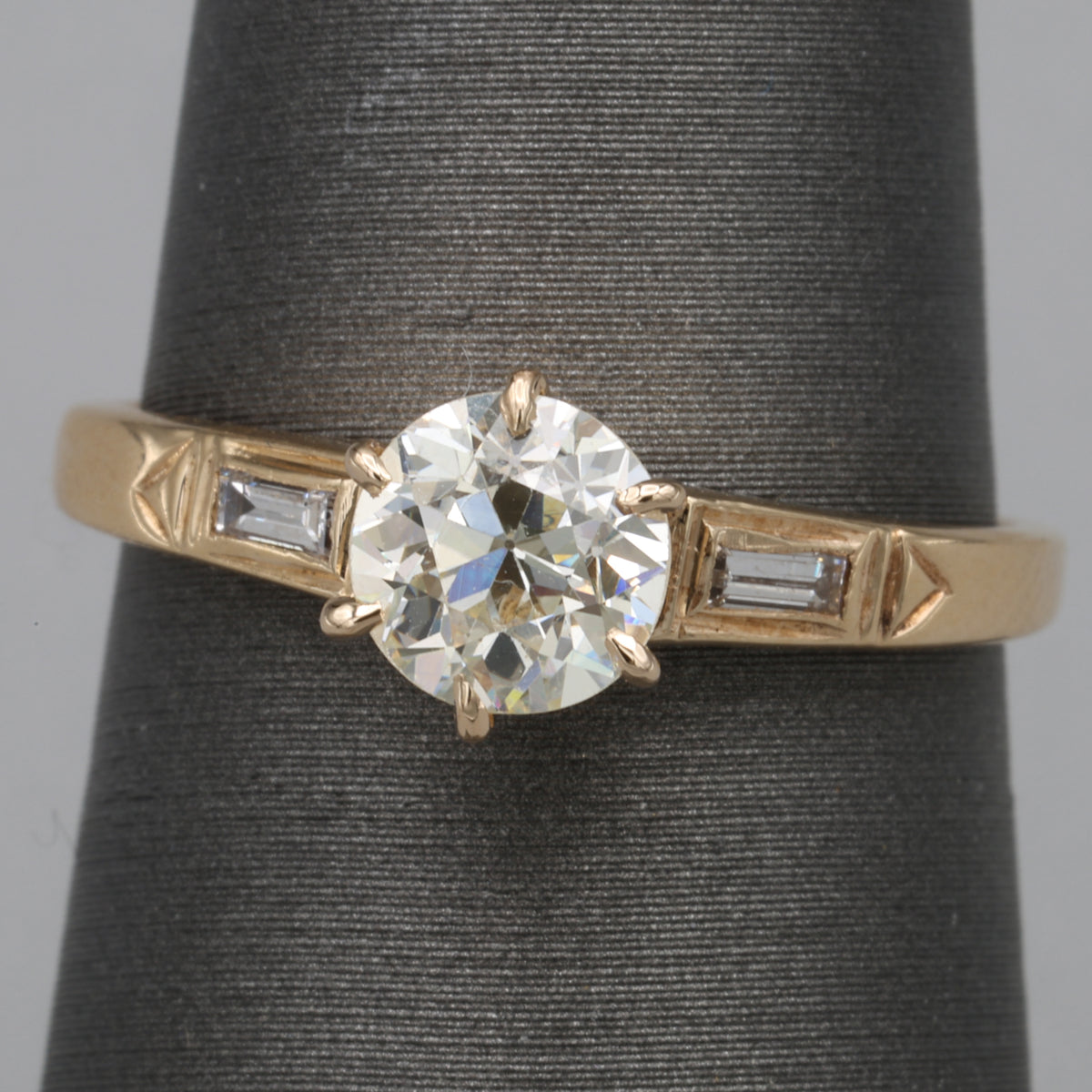 Late Art Deco Old European Cut Diamond Low Profile Engagement Ring in 14k Yellow Gold