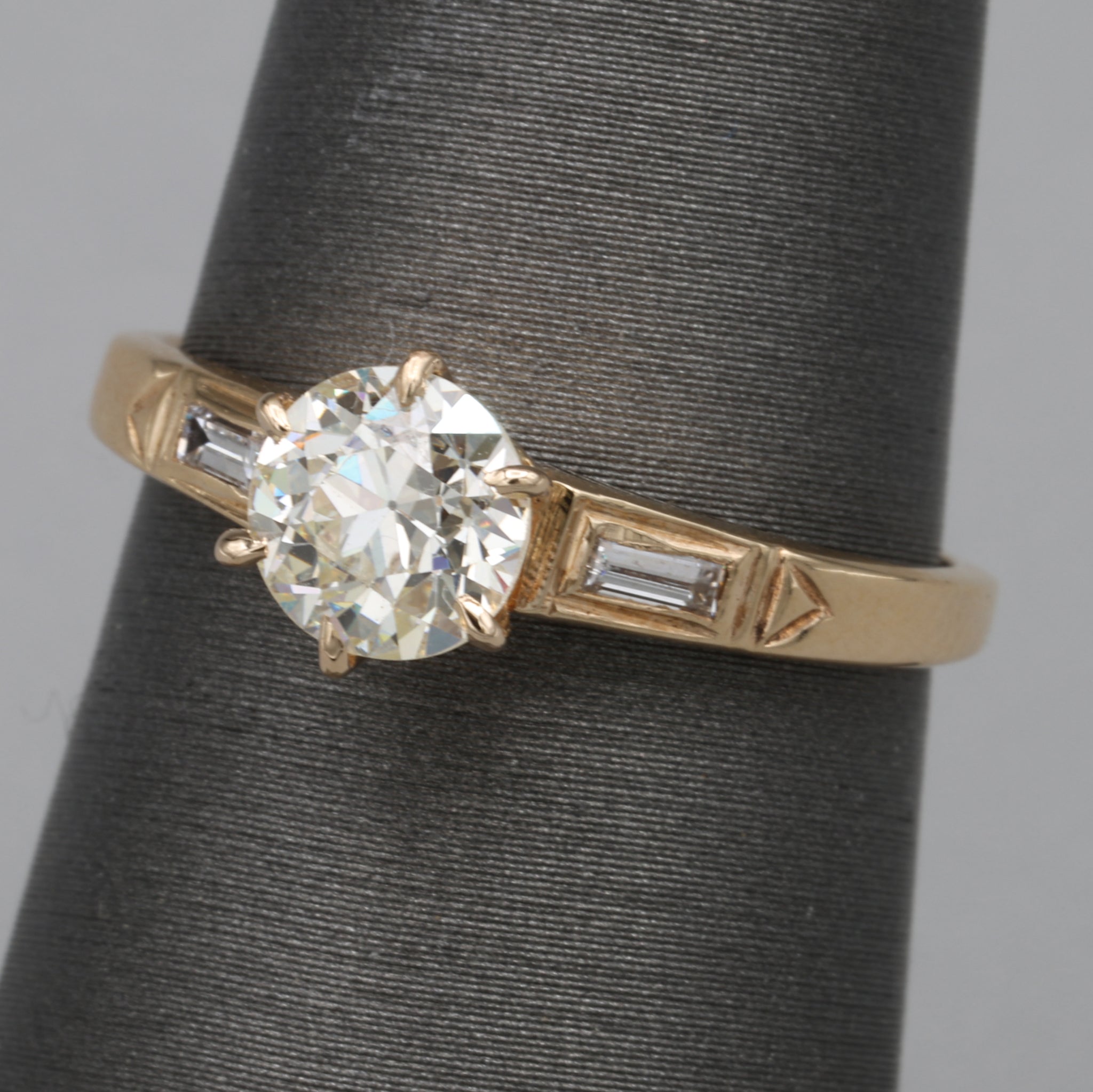 Late Art Deco Old European Cut Diamond Low Profile Engagement Ring in 14k Yellow Gold