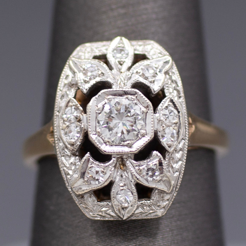 Vintage Diamond Cluster Plaque Ring in 14k White and Yellow Gold