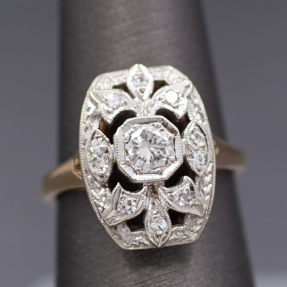 Vintage Diamond Cluster Plaque Ring in 14k White and Yellow Gold
