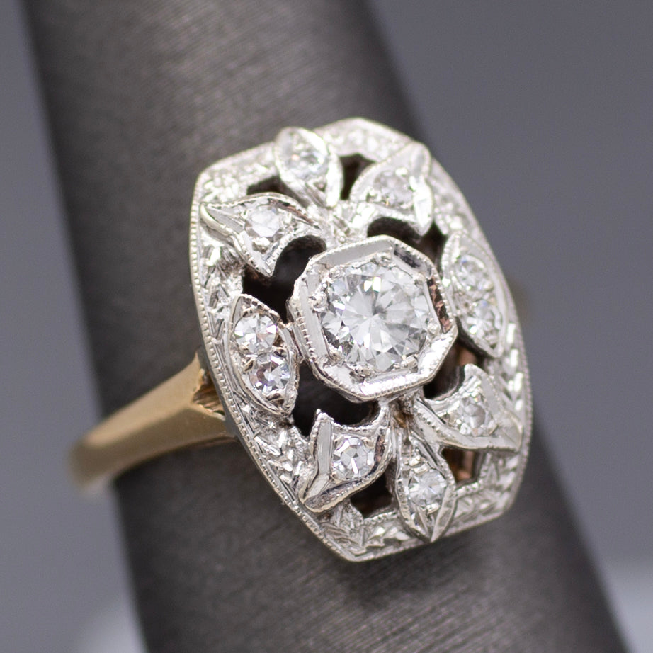 Vintage Diamond Cluster Plaque Ring in 14k White and Yellow Gold