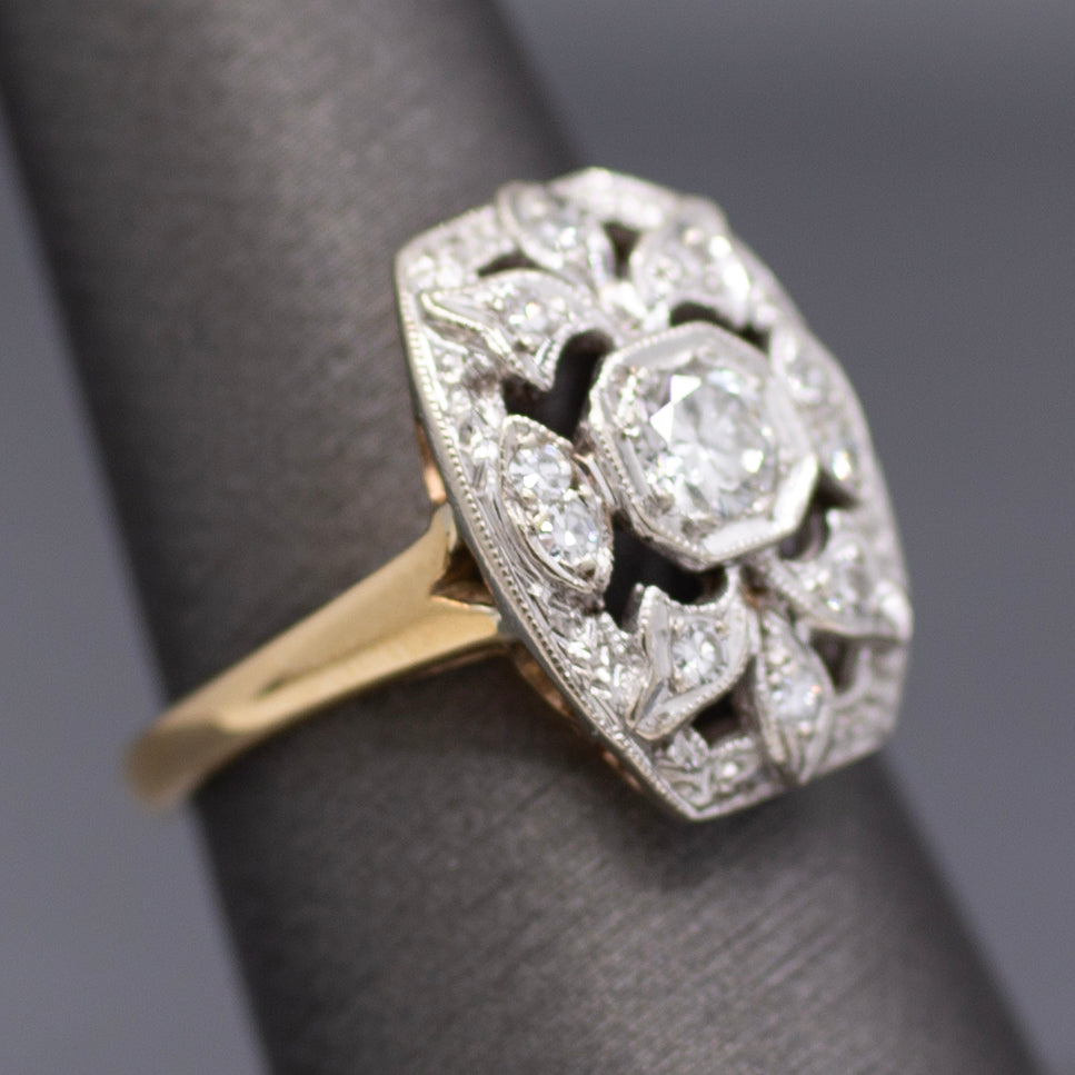 Vintage Diamond Cluster Plaque Ring in 14k White and Yellow Gold