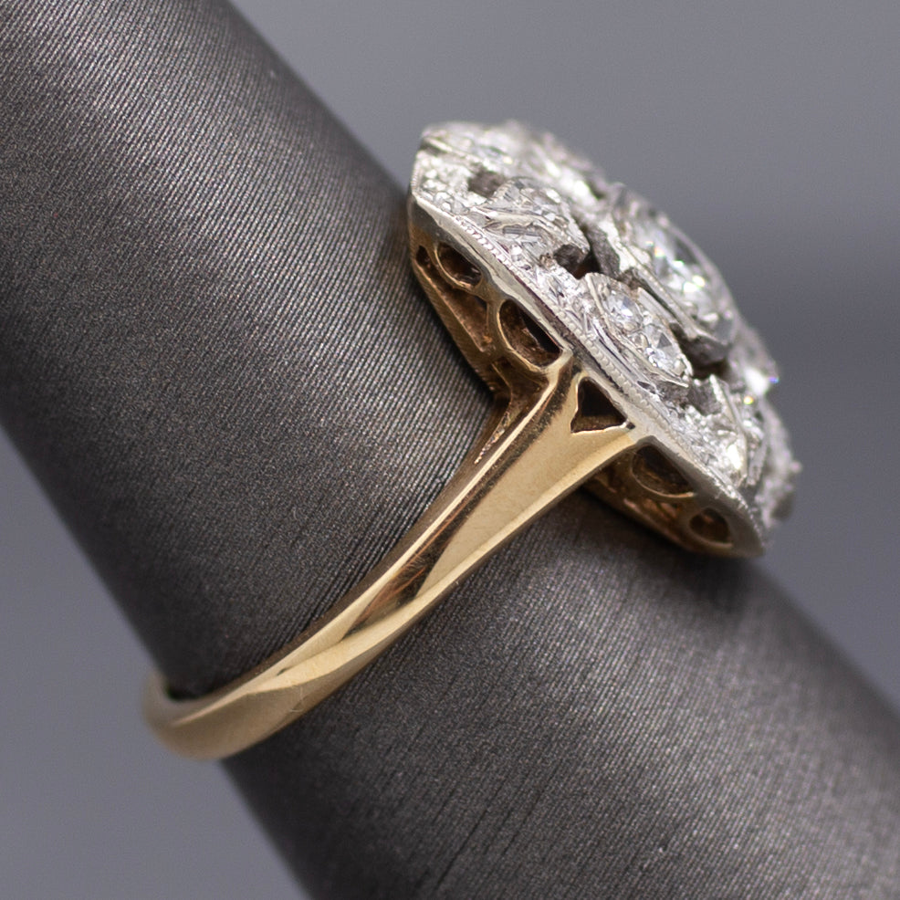 Vintage Diamond Cluster Plaque Ring in 14k White and Yellow Gold