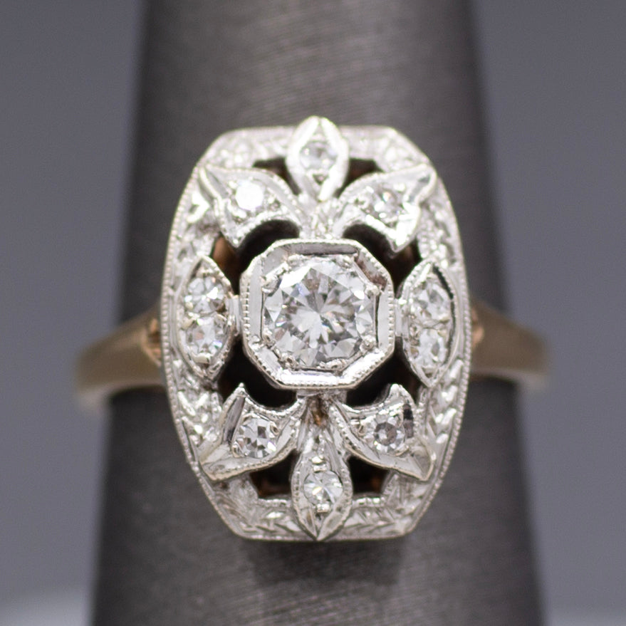 Vintage Diamond Cluster Plaque Ring in 14k White and Yellow Gold