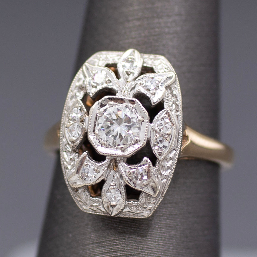 Vintage Diamond Cluster Plaque Ring in 14k White and Yellow Gold