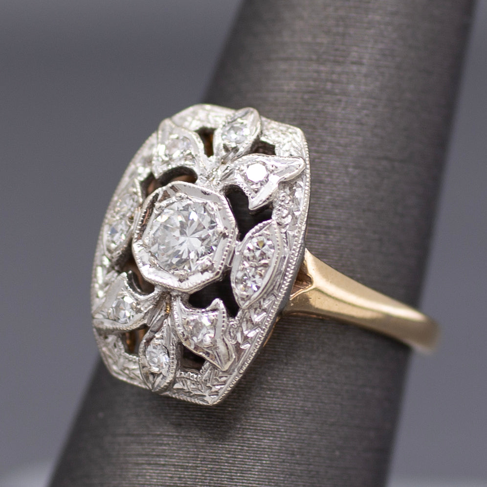 Vintage Diamond Cluster Plaque Ring in 14k White and Yellow Gold