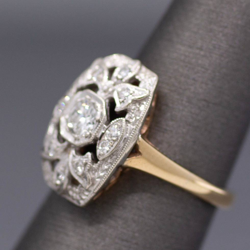 Vintage Diamond Cluster Plaque Ring in 14k White and Yellow Gold
