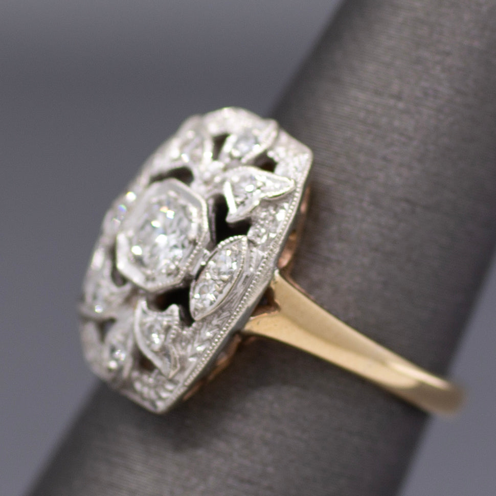 Vintage Diamond Cluster Plaque Ring in 14k White and Yellow Gold
