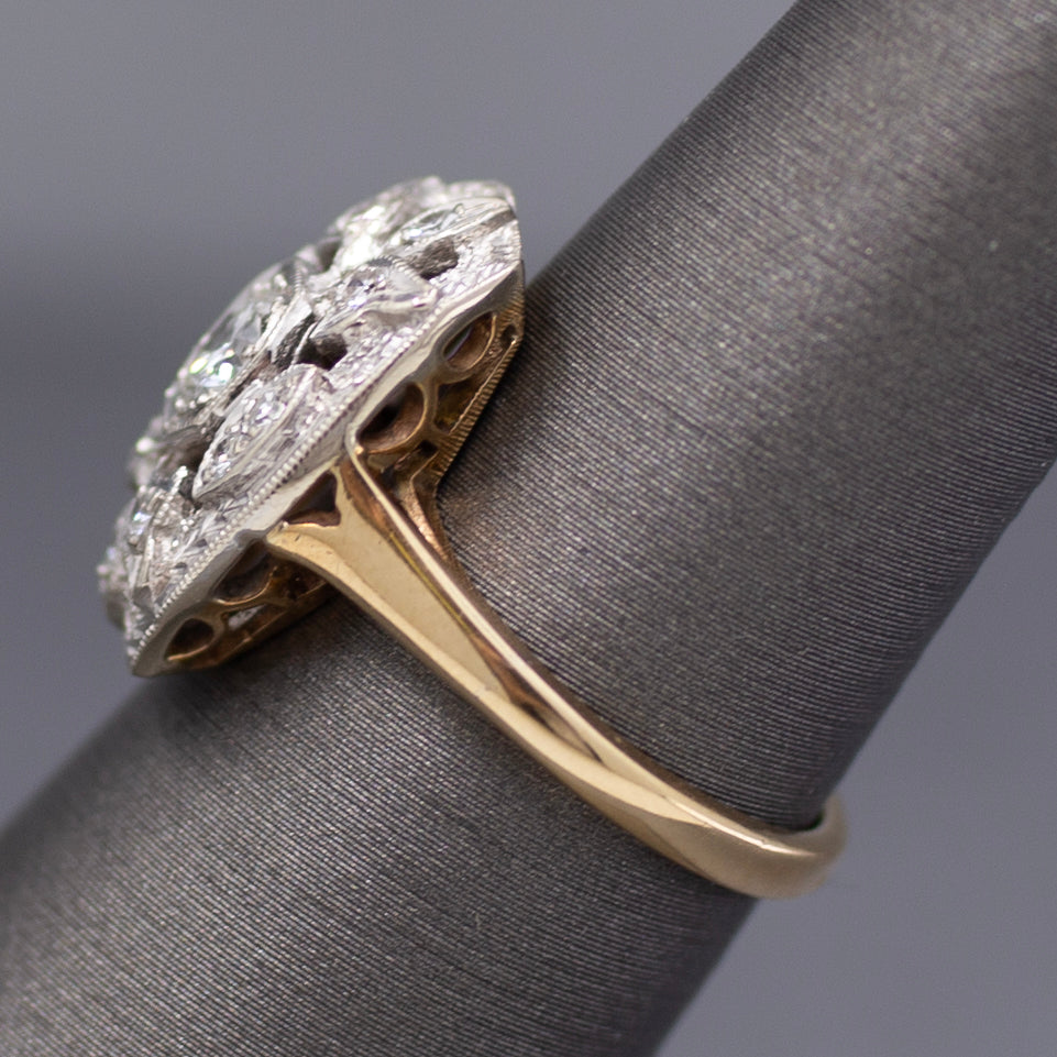 Vintage Diamond Cluster Plaque Ring in 14k White and Yellow Gold