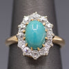 Victorian Oval Turquoise and Old Mine Cut Diamond Halo Ring in 14k Yellow Gold