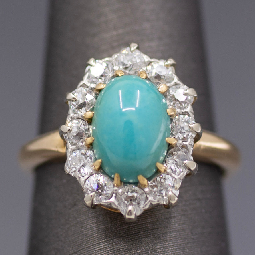 Victorian Oval Turquoise and Old Mine Cut Diamond Halo Ring in 14k Yellow Gold