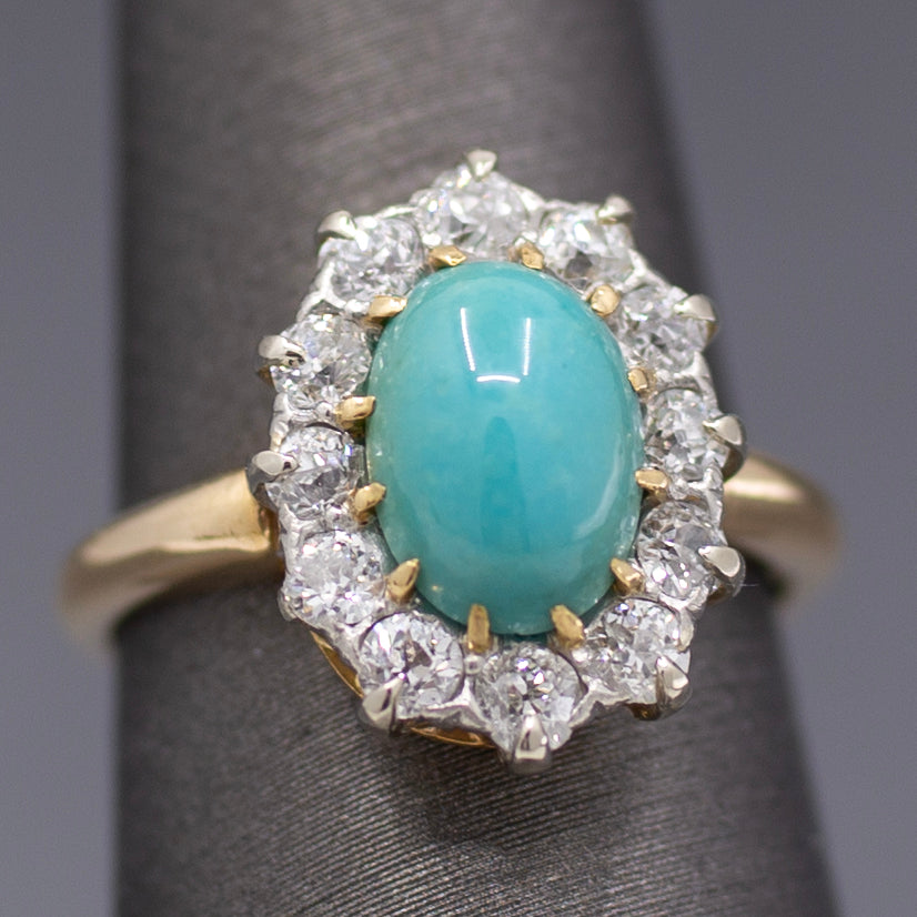 Victorian Oval Turquoise and Old Mine Cut Diamond Halo Ring in 14k Yellow Gold