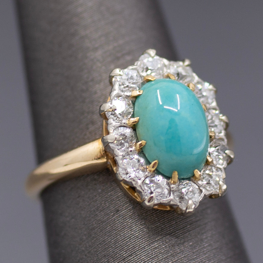 Victorian Oval Turquoise and Old Mine Cut Diamond Halo Ring in 14k Yellow Gold