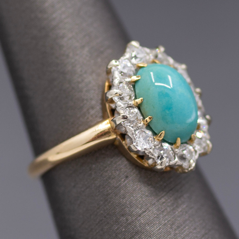 Victorian Oval Turquoise and Old Mine Cut Diamond Halo Ring in 14k Yellow Gold