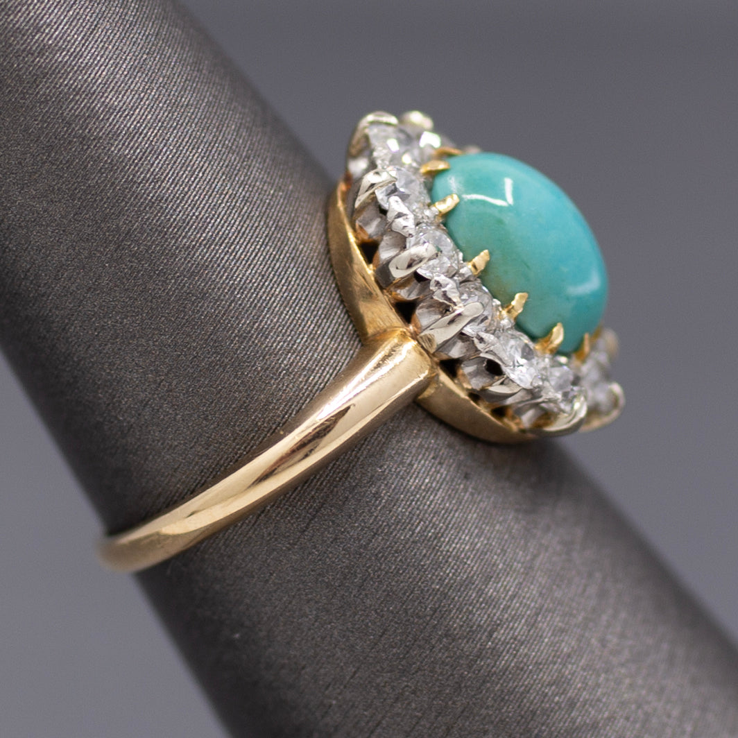 Victorian Oval Turquoise and Old Mine Cut Diamond Halo Ring in 14k Yellow Gold