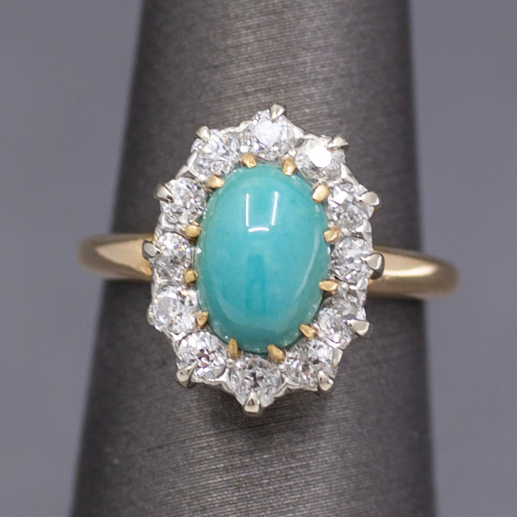 Victorian Oval Turquoise and Old Mine Cut Diamond Halo Ring in 14k Yellow Gold