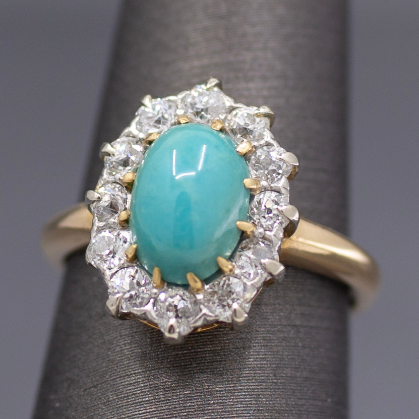 Victorian Oval Turquoise and Old Mine Cut Diamond Halo Ring in 14k Yellow Gold