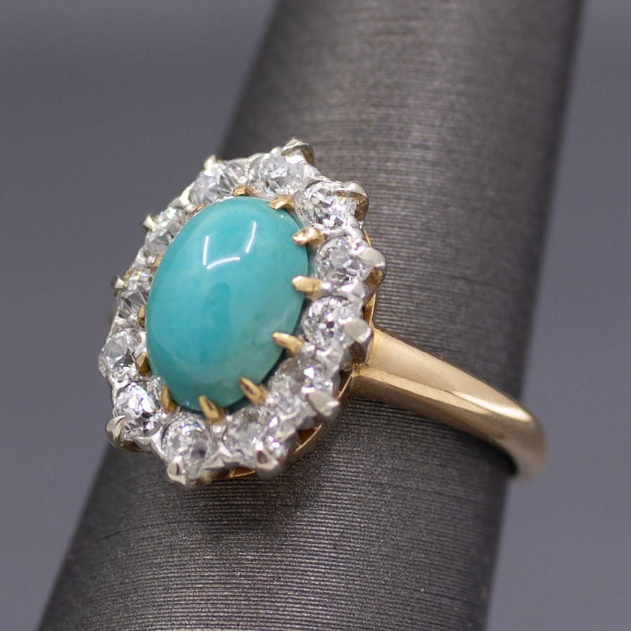 Victorian Oval Turquoise and Old Mine Cut Diamond Halo Ring in 14k Yellow Gold