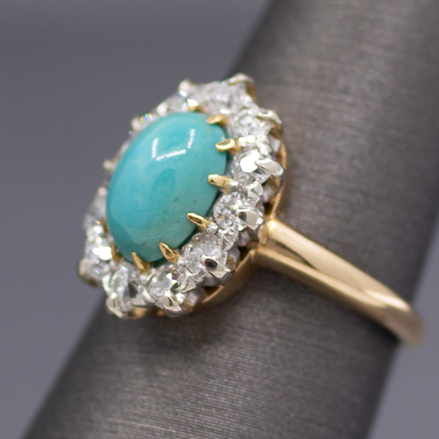 Victorian Oval Turquoise and Old Mine Cut Diamond Halo Ring in 14k Yellow Gold