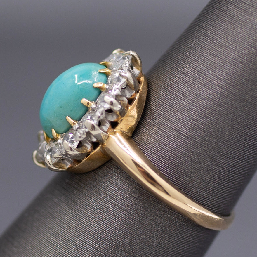 Victorian Oval Turquoise and Old Mine Cut Diamond Halo Ring in 14k Yellow Gold