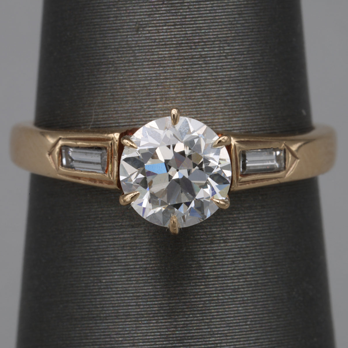 Old European and Baguette Cut Diamond Three Stone Ring in 14k Yellow Gold