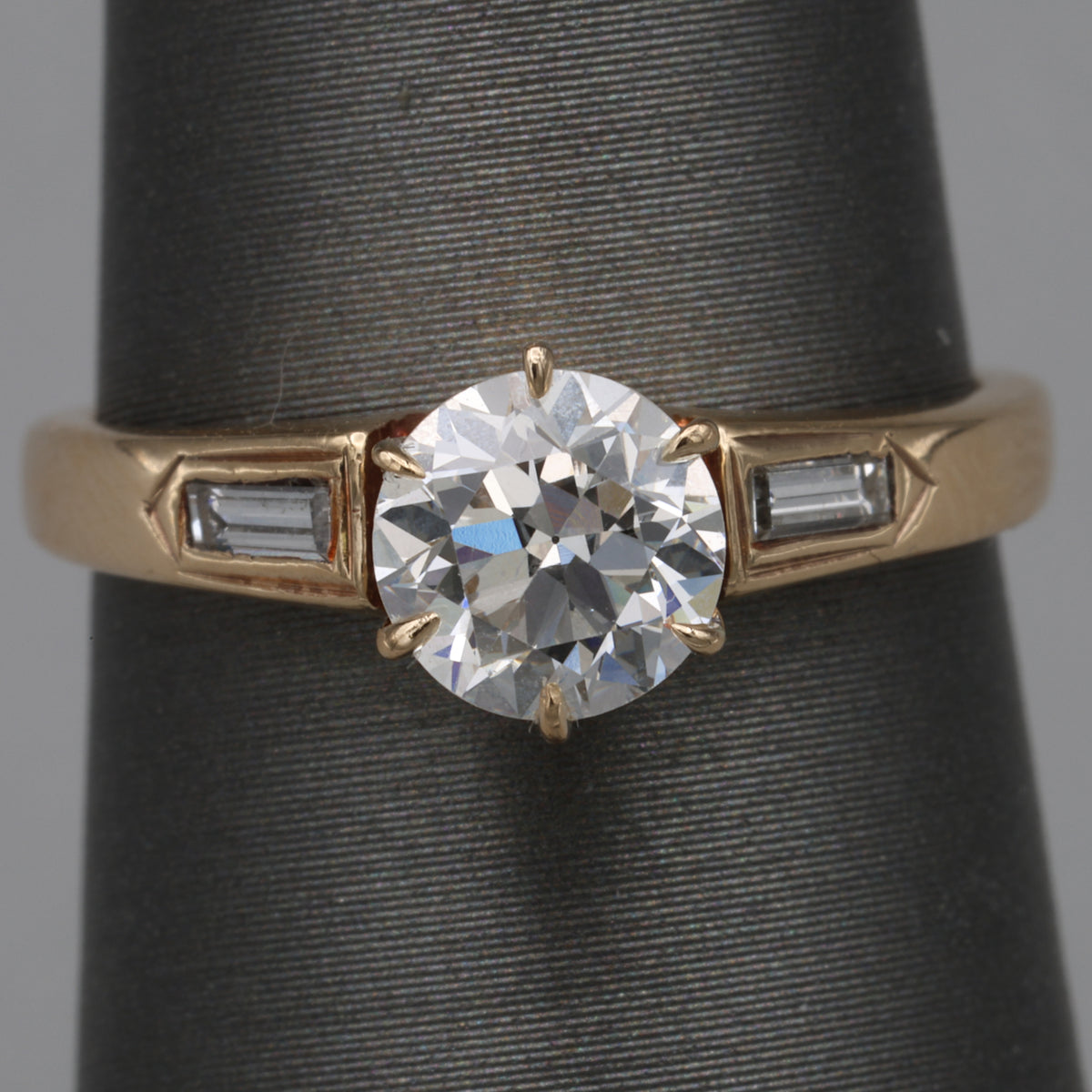Old European and Baguette Cut Diamond Three Stone Ring in 14k Yellow Gold